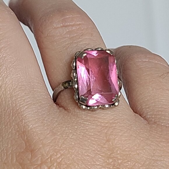 Vintage Boho Antique Sterling Silver Rectangle Pink Topaz Crystal Ring 6 - Picture 1 of 14